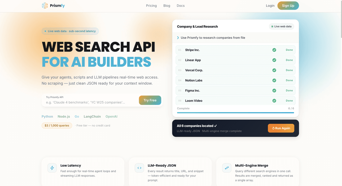 Prismfy Web Search API For AI Agents